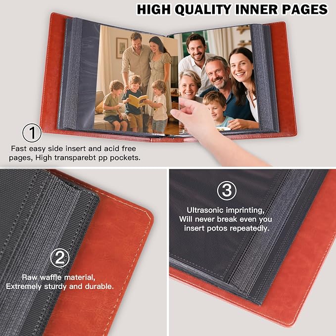 Aevdor 8x10 Photo Album, 168 Photos, Leather Cover, Brown | Large Capacity, Side-Loading Clear Pockets, Vertical 8x10 Layout, Black Inner Pages, Wedding, Travel, Baby & Family Memories - Image 6