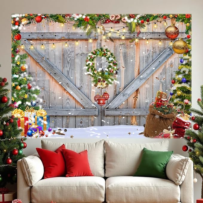 Christmas Photo Backdrop for Photography, 7x5ft | Vinyl Merry Xmas Wall Background for Photoshoot, Red Gift Snow Tree, Rustic Barn Wood Door, for Outdoor, Party Decorations - Image 7