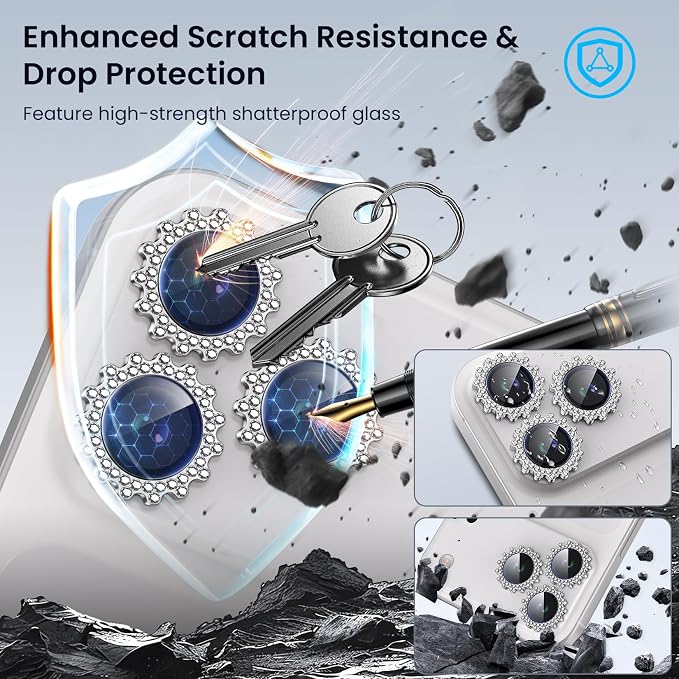 Compatible for iPhone 17 Pro/17 Pro Max Camera Lens Protector, Explosion-Proof 9H Tempered Glass with Diamond Gear Metal Ring, HD Anti-Scratch Lens Protection Decoration Accessories (Silver) - Image 3