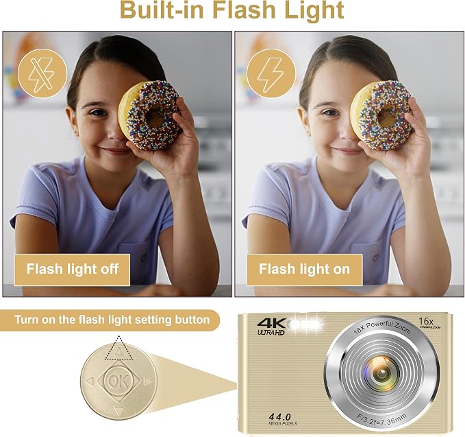 Digital Camera, 2026 FHD 4K Autofocus Digital Camera with 64GB SD Card 16X Digital Zoom, Gold Cameras for Photography Portable Compact Point and Shoot Camera for Teens Adult Kids Gift - Image 7