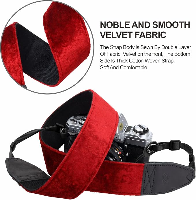 Padwa Lifestyle Velvet Camera Strap - 2" Double Layer Full Grain Cowhide Leather Head Camera Straps for Photographers,Unique Soft Velvet Fabric with Quick Release fits all Cameras - Ruby Red - Image 4