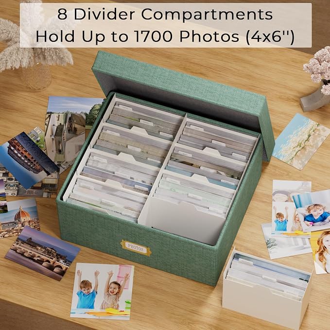 Decorative Photo Storage Box, 2 Pack Linen Photo Box Hold 1700 4x6 Pictures | Photo Storage Containers with 8 Dividers, Memory Keepsake Organizer for Photos, Scrapbook Supplies, Cards, Stamps, Green - Image 2