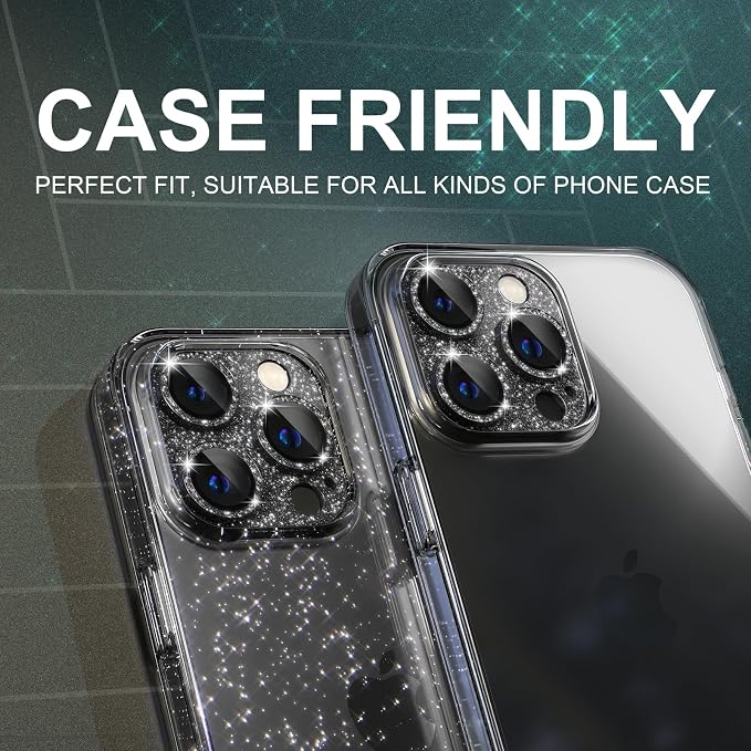 Choiche for iPhone 15 Pro/iPhone 15 Pro Max Camera Lens Protector | Bling Camera Cover with 9H Tempered Glass Lens Screen Protector Metal Ring Decoration Accessories (Glitter-Black) - Image 5