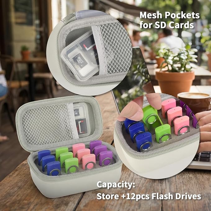 Comecase 12-Slot USB Flash Drive Case with Carabiner and SD Card Pocket | Hard Shell and Removable Foam Cushion Drives Against Drops for Work, School and Travel, White, Small, Case Only - Image 5