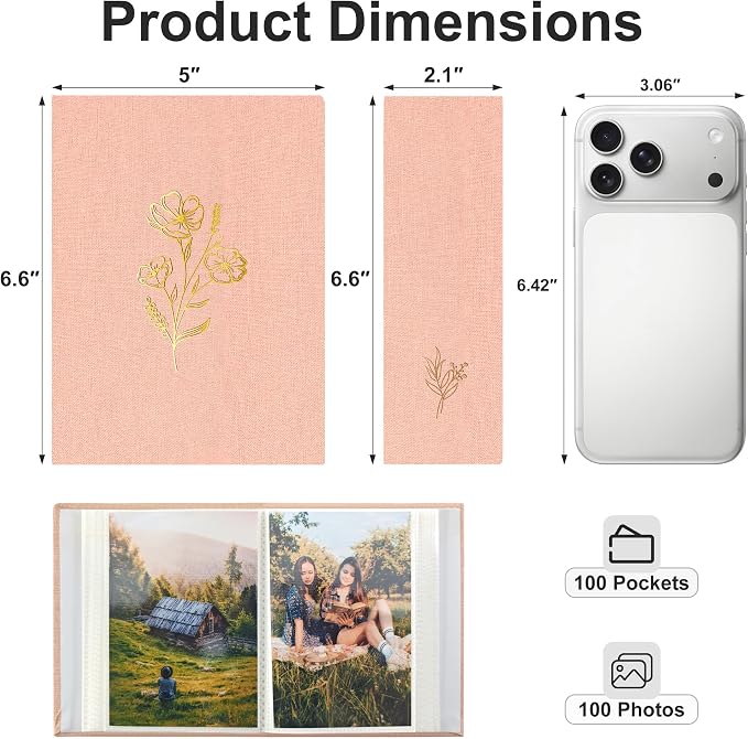 Holoary Photo Album 4x6 100 Photos, 100 Pockets 4”x6” Picture Album, Linen Fabric Cover Picture Book for Photos, 4x6 Photo Albums for Family Weddings Travel Memories(Pink) - Image 2