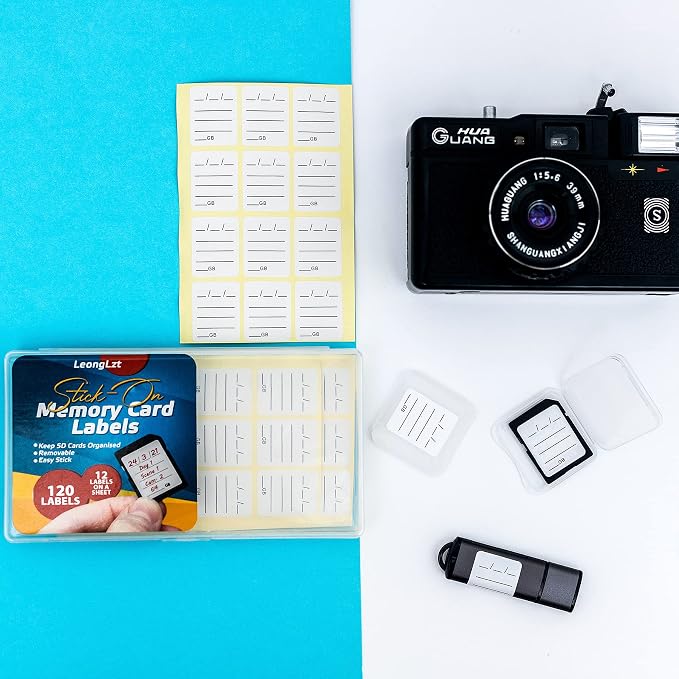 (120 Count) SD Card Label Stickers/Flash Drive Labels with 6 Free SD Card Cases & a Storage Box - Stick-On, Removable - Image 3
