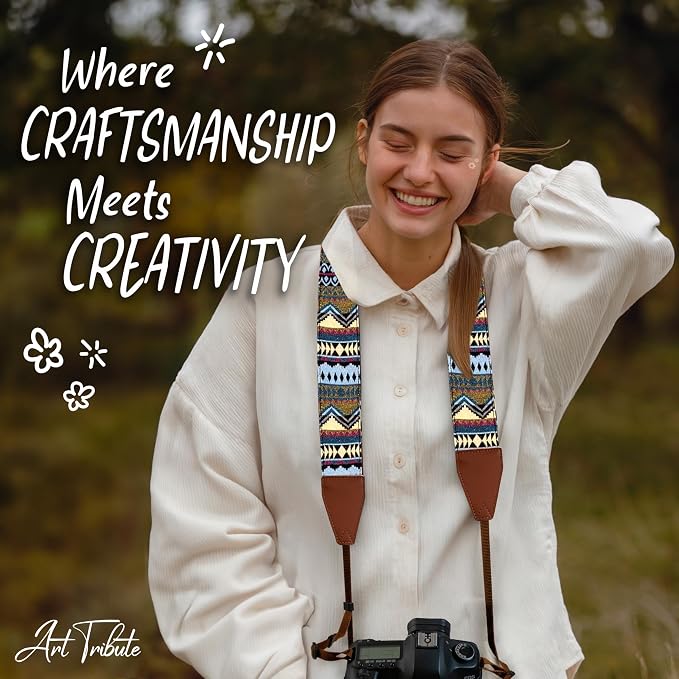Art Tribute Camera Strap - Shoulder, Crossbody & Neck Camera Strap for Photographers, Fits All Cameras, Canon Nikon Sony Fujifilm, Padded Strap W/Quick Release, Embroidered Cotton & Leather Ends - Image 8