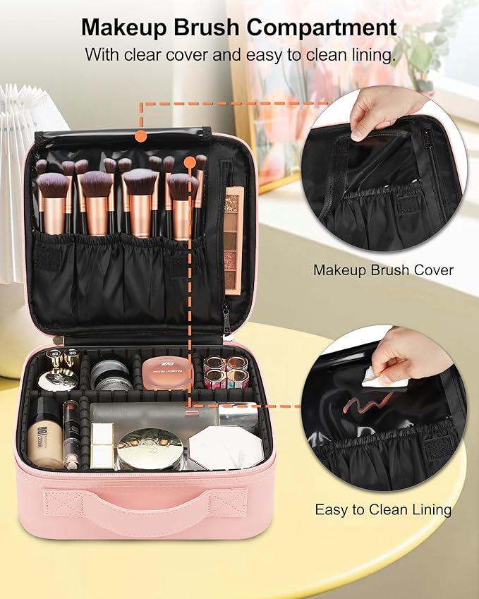 Relavel Travel Makeup Train Case Cosmetic Case Organizer Portable Artist Storage Bag with Adjustable Dividers for Cosmetics Makeup Brushes Toiletry Jewelry Digital Accessories (Pink) - Image 3