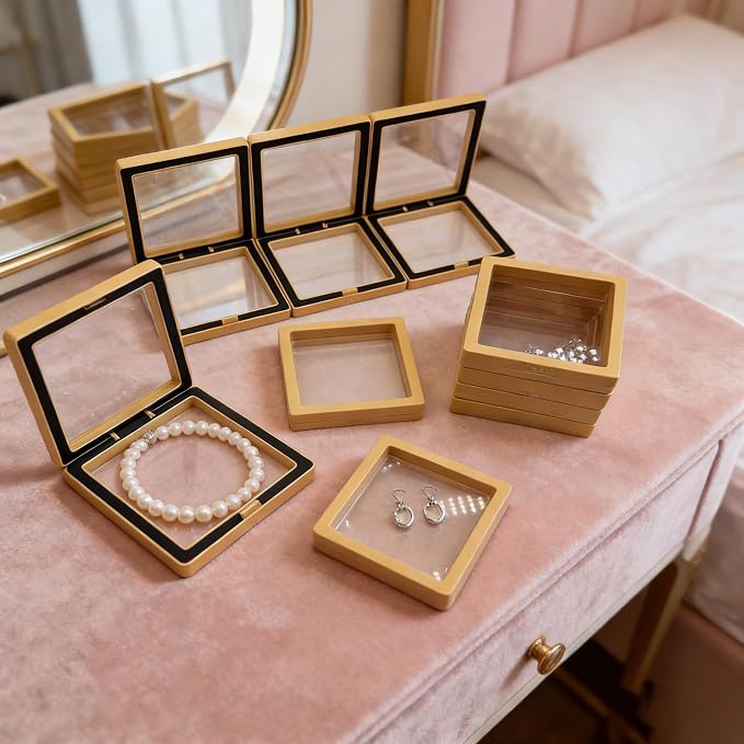 12 PCS Dual-Color Packaging Box 3D Floating Frame Display Stand, Color-Matching Packaging Display Box, Transparent Window Jewelry Case, PE Film Anti-Oxidation Storage Case. (Yellow+Black) - Image 4