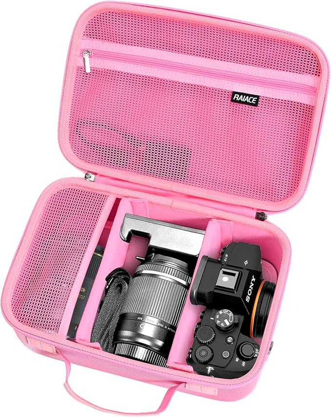 RAIACE Hard Case Compatible with Sony Alpha 7 II III IV/7R V Camera, for Nikon, for Canon, for Pentax and More. Large Capacity With Mesh Pocket for Lens, Charger, Cables, Cards and Accessories.-Pink - Image 8