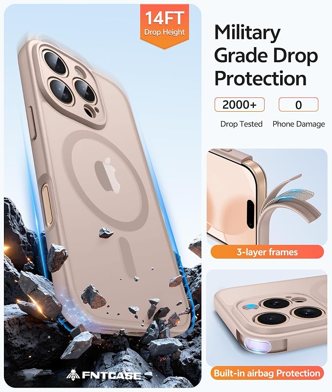 FNTCASE for iPhone 16 Pro Max Case, Fit for Magsafe, Glass Screen Protector | Full Camera Protection, Translucent Matte, 14FT Military Grade Drop Proof, Shockproof Protective Phone Cover, Desert Gold - Image 5