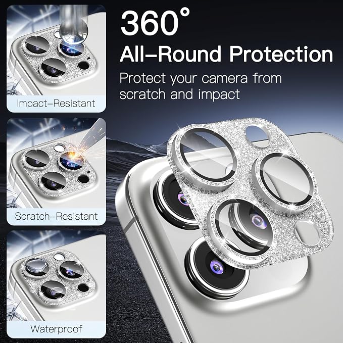 [2 Pack] Bling Camera Lens Screen Protector for iPhone 15 Pro/15 Pro Max with 9H Tempered Glass Aviation Aluminum Plate Cover Metal Ring,Night Circle,No Bubble,HD Clarity,Easy Installation-Glitter Silver - Image 4