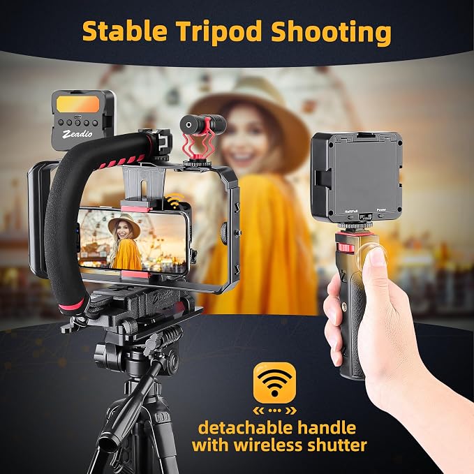 Zeadio Smartphone Camera Stabilizer, All-in-One Video Rig Kit with Phone Cage, RGB Video Light, Microphone, Action Camera Adapter, Compatible with Smartphones, Action Camera, DSLR, Cameras etc - Image 5