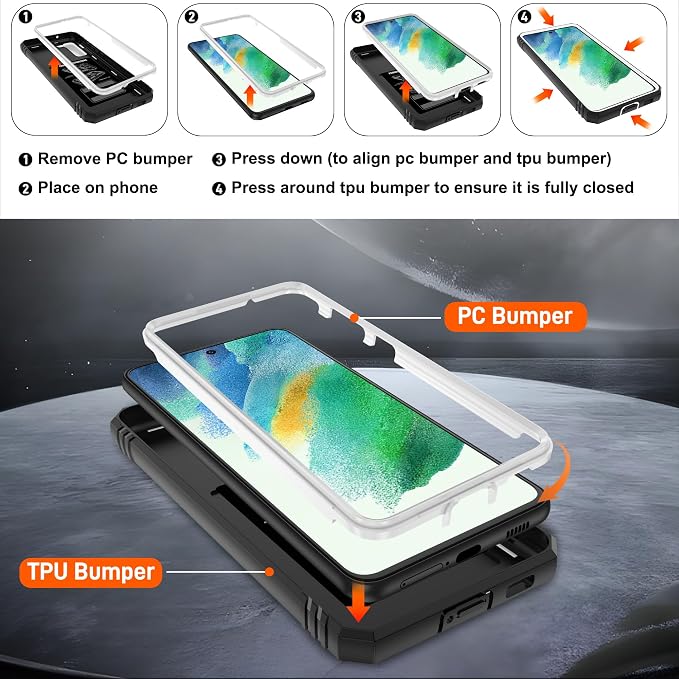 Gritup for Samsung Galaxy S21 FE 5G Case with 2PCS Screen Protector, Build in 360° Rotating Ring Kickstand, Military Grade Protective Case for S21 FE Phone, White+Black - Image 4