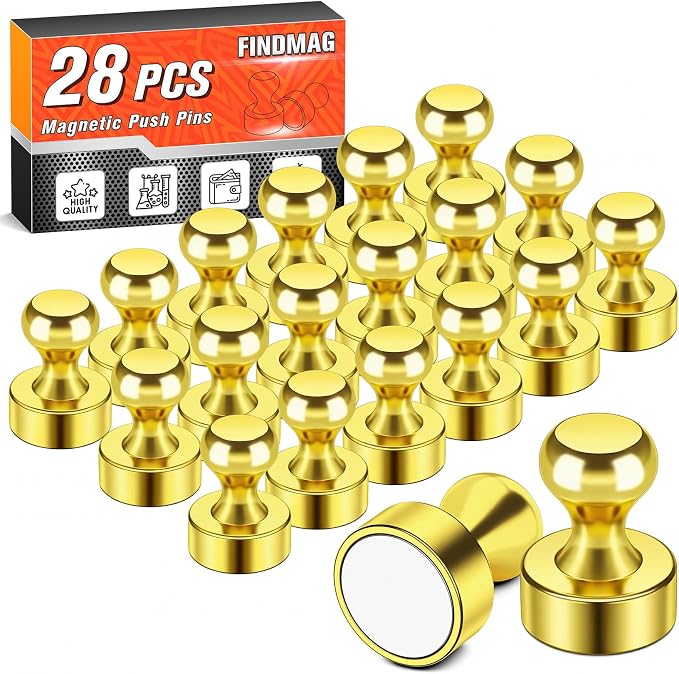FINDMAG 28 Pack Fridge Magnets, Refrigerator Magnets for Classroom, Gold | White Board Magnets for Pictures and Photos Display in Office and Locker, Accessories Decorative, Easy to Move Design by FINDMAG