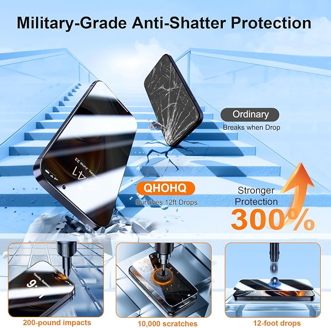 [1-Second Auto-Install] QHOHQ 3 Pack Privacy Screen Protector for iPhone 17 Pro [6.3 Inch] + 1 Set Camera Lens Protector, 25° Anti Spy Tempered Glass, [12FT Military Grade Shatterproof], Case Friendly - Image 4
