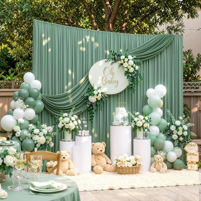 50ftx10ft Wrinkle Free Sage Green Backdrop Curtains for Parties, Polyester Green Photo Backdrop Drapes 10 Panels 5x10ft for Wedding Birthday Baby Shower Photography Background - Image 3