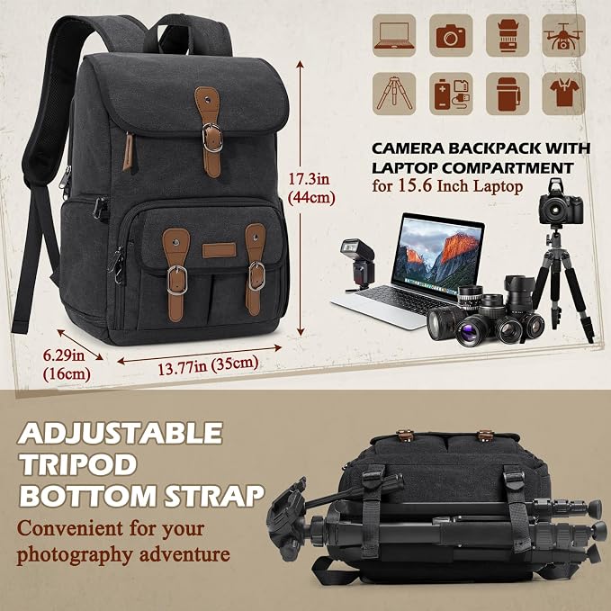 RAINSMORE Camera Backpack, DSLR SLR Mirrorless Camera Bag for Photographer | 15.6 Inch Vintage Canvas Camera Case with Laptop Compartment & Tripod Holder & Rain Cover for Sony Canon Nikon Fujifilm Black - Image 5