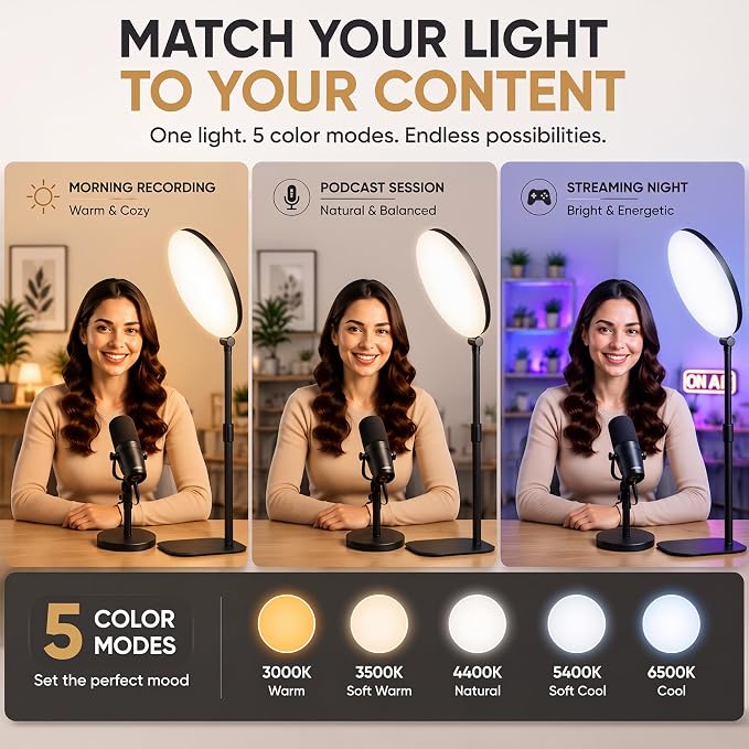 10" Full-Panel Desk Ring Light with Stand & Flexible Phone Holder, 24W 1100LM Light for Video Recording, 5 Color Modes up to 6500K, CRI 95+ for Computer, Podcast, Streaming, Zoom & Video Calls - Image 5