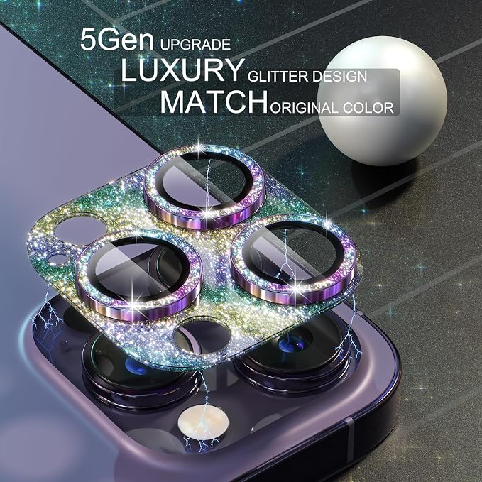 Choiche for iPhone 14 Pro/iPhone 14 Pro Max Camera Lens Protector | Bling Camera Cover with 9H Tempered Glass Lens Screen Protector Metal Ring Decoration Accessories (Glitter-Colorful) - Image 3