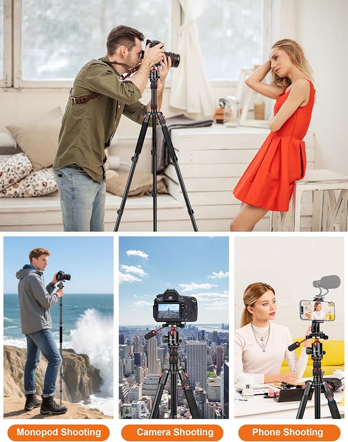 83" Camera Tripod, Aluminum Tripod Monopod for DSLR Phone | Heavy Duty Travel Tripod for Spotting Scope Binoculars Telescope Camcorder, 360° Ball Head, Max Load 35Lb - Image 3