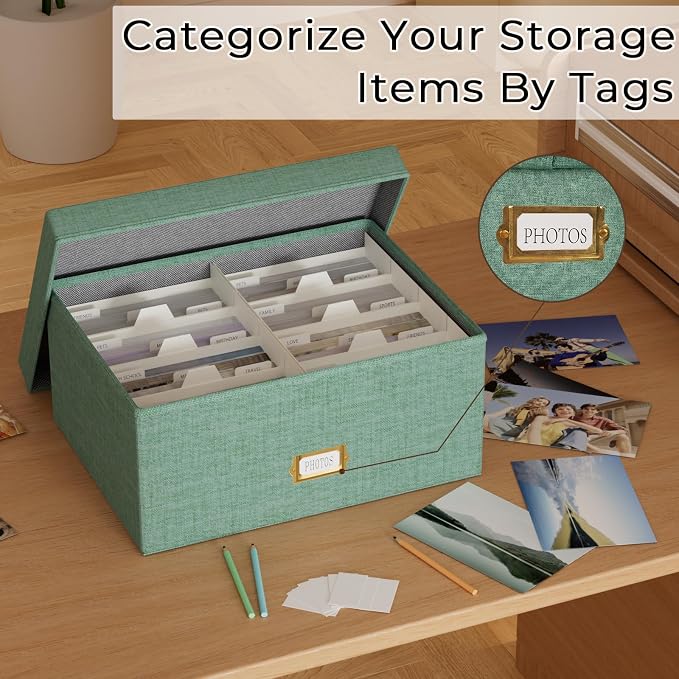 Decorative Photo Storage Box, Linen Photo Box Holds 1700 5x7 Pictures Green | Photo Storage Containers with 8 Dividers, Memory Keepsake Organizer for Photos, Scrapbook Supplies, Cards, Stamps,Archive Box - Image 7