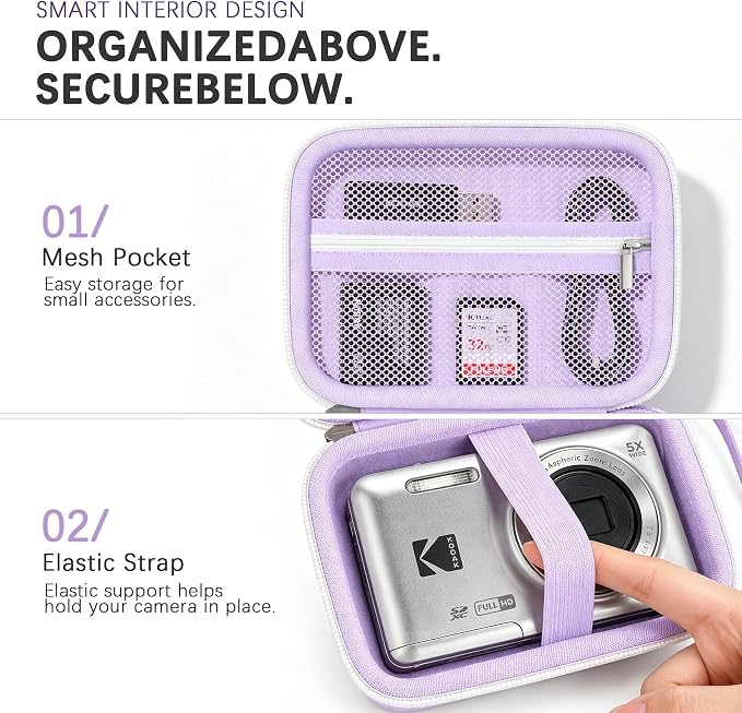 Camera Carrying Case for KODAK PIXPRO FZ55/ FZ45 Digital Camera | Camera Storage Case. Hard Protective Bag With Mesh Pocket Fits Batteries Cable Memory Card Card Reader, Purple - Image 5