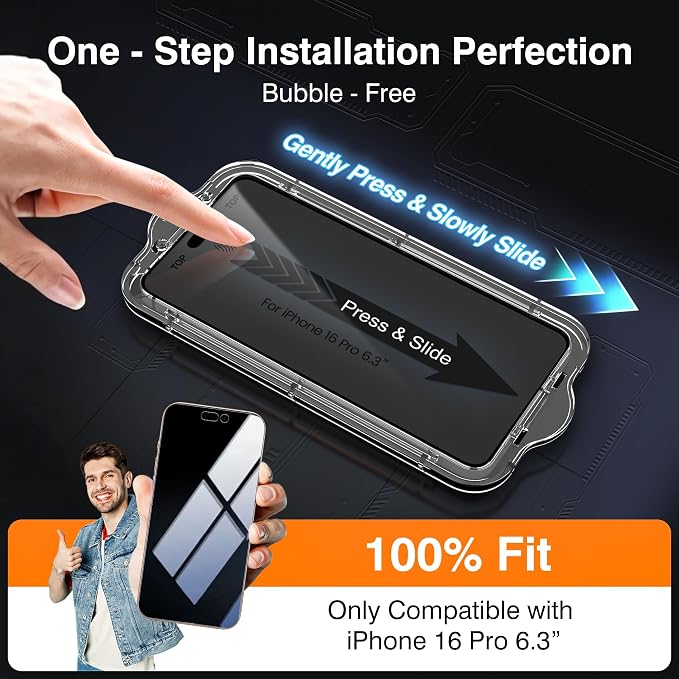 EZ-GLAZ-4+2 Pack for iPhone 16 Pro Privacy Screen Protector (6.3") | 2-Pack Lens Protectors, Alignment Kit, Easy Installation, 9H+ Tempered Glass, Scratch Resistant, 28° Privacy Protection - Image 2
