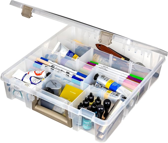 ArtBin 9007AB Super Satchel with Removable Dividers, Portable Art & Craft Organizer with Handle, [1] Plastic Storage Case, Clear | Up to 12 Removable Dividers, 15.25 x 14 x 3.5 Inches, Secure Latches, Carry Handle, Stackable Polypropylene by ArtBin