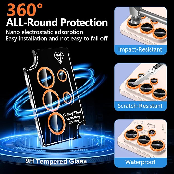 for Samsung Galaxy S26 Ultra Camera Lens Protector, Individual Metal Ring Tempered Glass Lens Cover, [Strong Adsorption] Scratch Resistant Ultra-Thin HD Clear Lens Cover, 1 Set-Orange - Image 2