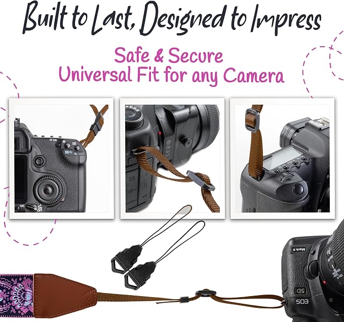 Art Tribute Camera Strap - Shoulder, Crossbody & Neck Camera Strap for Photographers, Fits All Cameras, Canon Nikon Sony Fujifilm, Padded Strap W/Quick Release, Embroidered Cotton & Leather Ends - Image 7