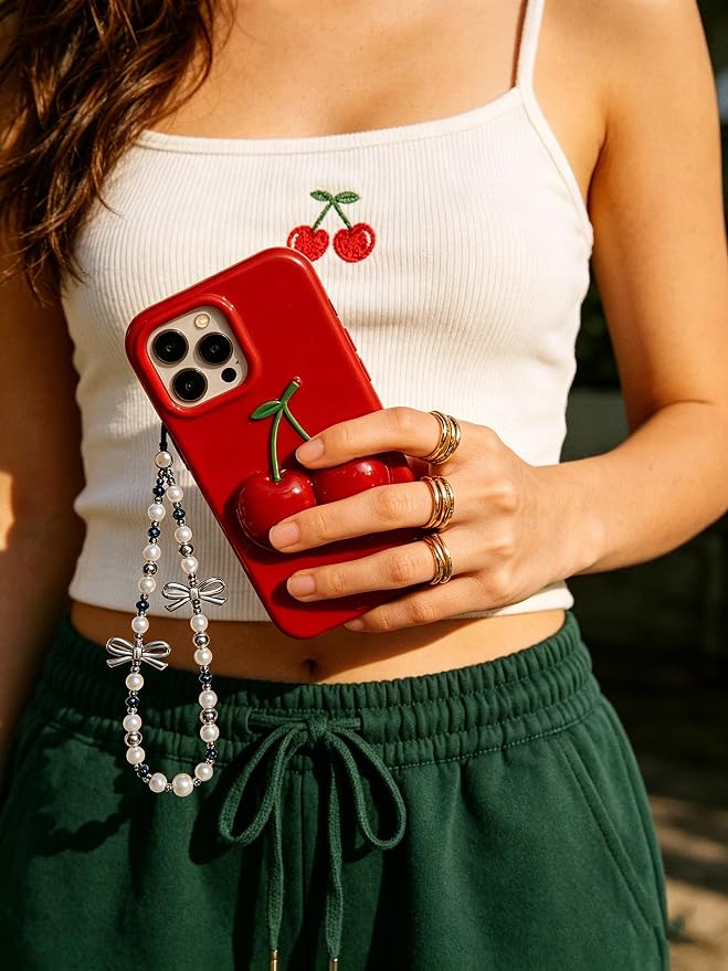 Cell Phone Charm Strap Pearl Beaded Elegant Dark Crystal Camera Lanyard Wrist Luxury Aesthetic Cute Chain Bracelet Handmade Chic Wristlet Accessories for iPhone Samsung Women Girls Silver Bow Faux - Image 6