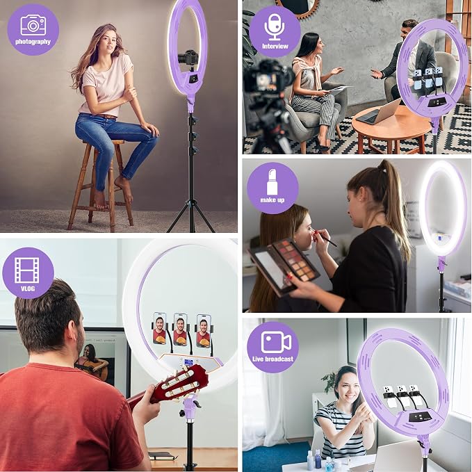MACTREM Purple 22" Ring Light for iPad iPhone with 75" Tripod Stand Barber | LCDisplay,2 Usb Ports, Fits Ipad/Tablet 12.9", 2600k-6500k Color Temperature, For Barber/Tattoo Tiktok Video Recording Vlog - Image 4