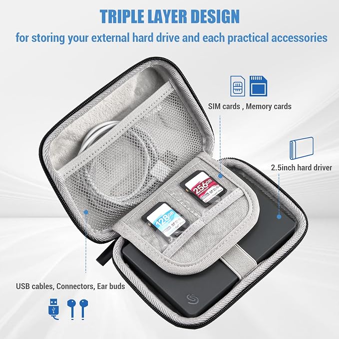 ProCase External Hard Drive Travel Case for 2.5" HDD/SSD -Silver | Fits Seagate Portable, Samsung T9, WD Elements, My Passport, Toshiba Canvio Basics, 1TB-5TB Drives, USB 3.0 HDD/SSD Storage - Image 3