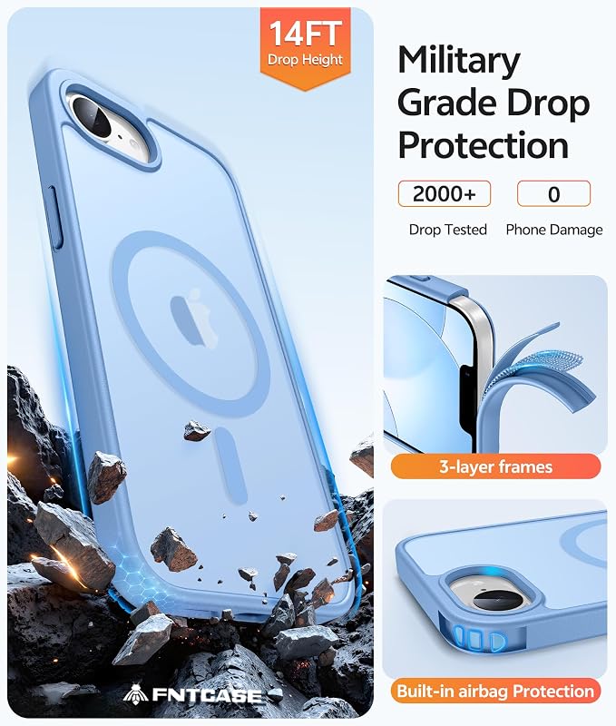FNTCASE for iPhone 17e/ iPhone 16e Case, Fit for Magsafe, Screen Protector | Translucent Matte Magnetic Back, 14FT Military Grade Drop Protection, Shockproof Protective Phone Cover, Light Blue - Image 5
