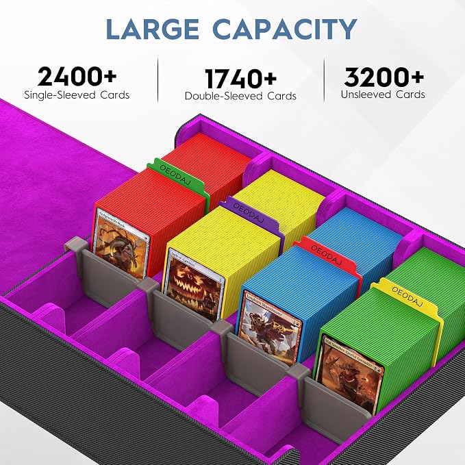 4 Row Trading Card Storage Box, 3200+ MTG Card Storage, Black & Purple | TCG Card Organizer Box with 24 Colorful Dividers and 4 Stands, Bulk PKM Storage, Deck Case Holder Fits for YuGiOh, Game Cards - Image 3
