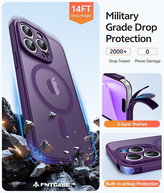 FNTCASE for iPhone 15 Pro Max Case, Fit for Magsafe, Glass Screen Protector | Full Camera Protection, Translucent Matte, 14FT Military Grade Drop Proof, Shockproof Protective Phone Cover, Purple - Image 5