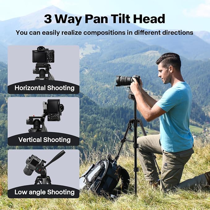 Mini Tripod for Camera,Camera Tripod Small,Small Tripod for Camera | 25" Aluminum Alloy Portable Tabletop Tripod with 3-Way Pan-Tilt Head and Phone Holder for DSLR Cameras and Phones - Image 2