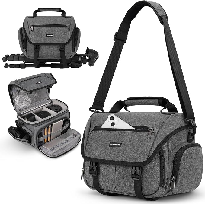 RAINSMORE Camera Bag, DSLR/SLR/Mirrorless Camera Sling Bag for Photographers Waterproof Small Camera Case with Tripod Holder & Rain Cover Camera Crossbody Bag for Canon/Nikon/Sony/Fuji, Grey by RAINSMORE