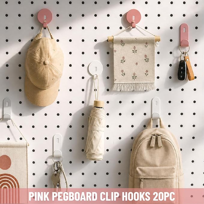 HUHOLE 20PC Pink Pegboard Clip Hooks for Thin Metal 1/4 Inch Pegboard | Picture Hangers with 10 lb Capacity, 10 Round and 10 Angled Peg Hooks for Jewelry, Crafts and Small Accessories - Image 7