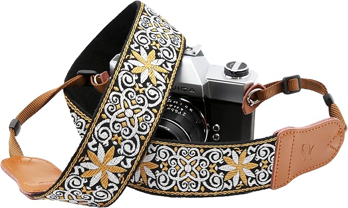 Padwa Lifestyle Camera Strap - 2" Cowhide Head Yellow Floral Camera Straps for Photographers,Vintage Jacquard Embroidery Woven Cotton Adjustable Shoulder Neck Straps for All DSLR Cameras - Image 9