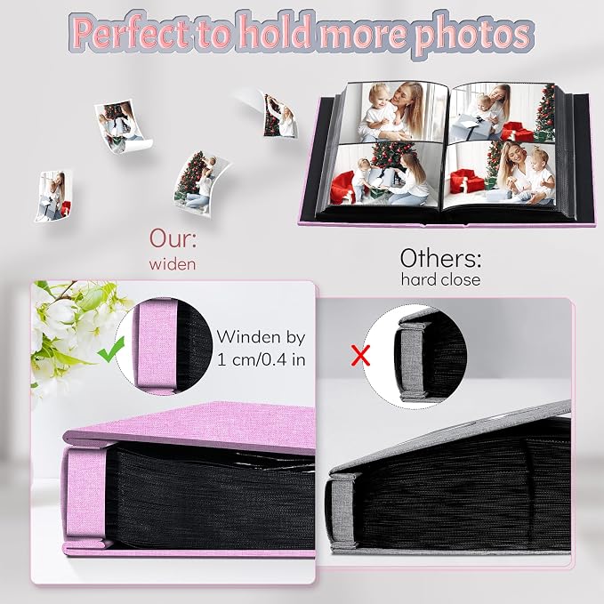 Popotop 4x6 Photo Album 200 Pictures, Linen Hardcover, Reinforced Spine | Compact 200-Photo Capacity, Acid-Free PP Slip-In Pockets, 2 Photos per Page, Black Inner Pages, No Memo Space - Image 4