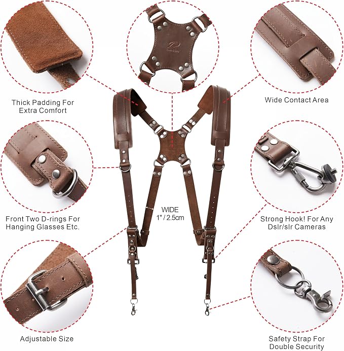 Padwa Lifestyle Dual Camera Harness Strap for Two-Cameras - Dual Shoulder Full Grain Leather Harness,Multi Double Camera Gear for DSLR/SLR Strap,Double Camera Harness for Photographers,Brown - Image 2