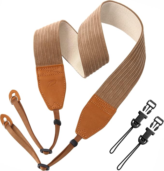 Padwa Lifestyle Camel Corduroy Camera Strap - 2" Double Layer Full Grain Cowhide Leather Head Camera Straps for Photographers, Unique Soft Corduroy Fabric with Quick Release fits all Cameras by PadwaLifestyleCameraStrap