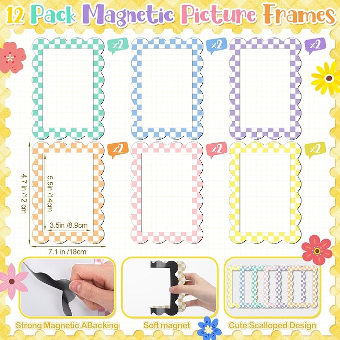 Capoda 12 Pcs 4x6 Magnetic Picture Frames Back to School Picture Frame for Refrigerator Locker Accessories Magnetic Photo Holders Colorful Fridge Photo Magnets for School Office Decorations(Checked) - Image 2