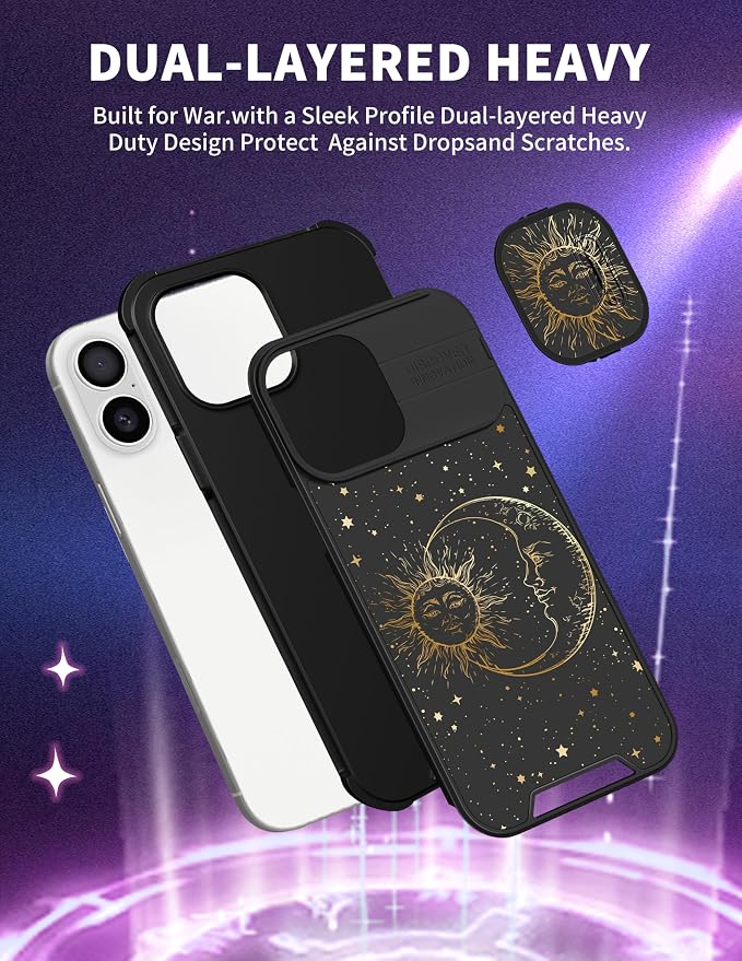 for iPhone 16 Case - Women Cute Phone Cover Girly Pretty Fancy Unique Aesthetic Design Slide Camera Cover Protective Case for Apple for iPhone 16,Sun and Moon - Image 5