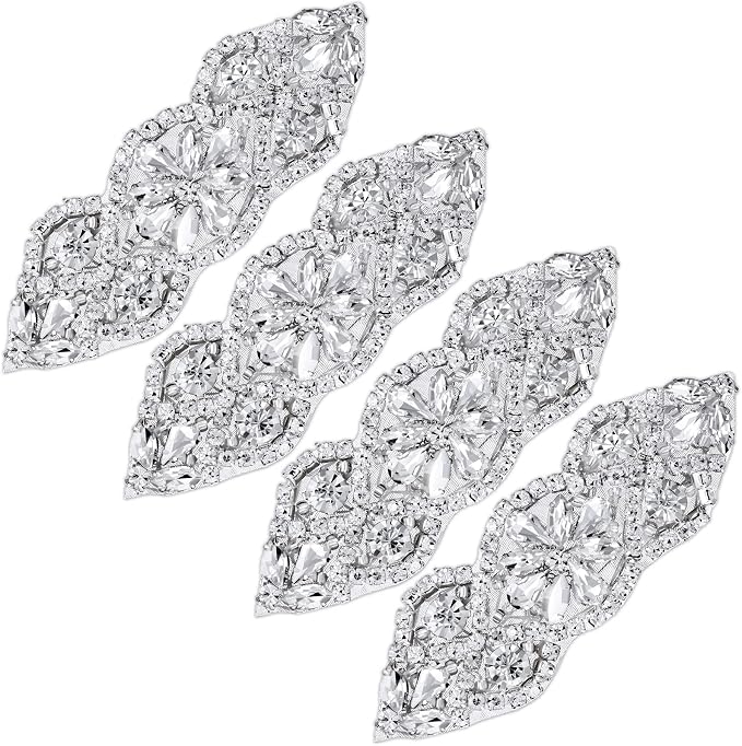 Jutom 4 Pcs Rhinestone Appliques Iron on Patches Wedding Dress Sash,Silver | Hot Fix Crystal Patches, Bridal Belt, Hair Accessories, Shoes, Easy Heat Application, Elegant Floral Design for Sewing by Jutom