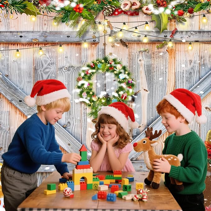 Christmas Photo Backdrop for Photography, 8x6ft | Vinyl Merry Xmas Wall Background for Photoshoot, Red Gift Snow Tree, Rustic Barn Wood Door, for Outdoor, Party Decorations - Image 2