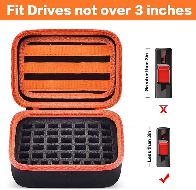 Comecase USB Flash Drive Case, Holds 44 USB Drives and 9 SD Cards | Pre-Cut Foam Fits Mixed Drive Sizes Flash Drive; EVA Shell Protects Data on the Go, Black+Orange Zipper, Large, Case Only - Image 3