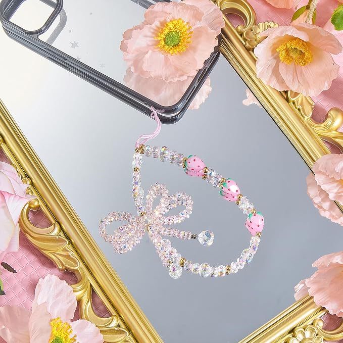 BEEFLYING Bow Beaded Phone Charm Wrist Strap for Case, Pink | Y2K Cell Phone Chain with Bowknot Strawberry, for Bag Keychain Camera Wallet - Image 4